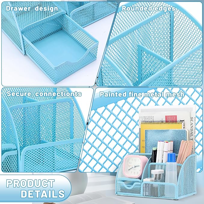 13-in-1 Office Desk Organizer Set with Stapler and Tape Dispenser, Pen Holder, Scissors, Ruler, Hole Punch, 2 Pens & More Desktop Accessories for Back to School Supplies (Blue)