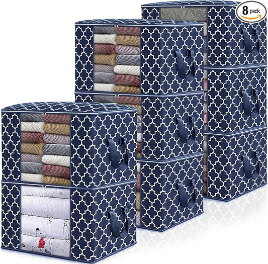 WISELIFE Storage Bags, Large Blanket Clothes Organization and Storage Containers for Bedding, Comforters, Foldable Organizer with Reinforced Handle, Clear Window,Sturdy Zippers,(Blue, 8 x 100L)