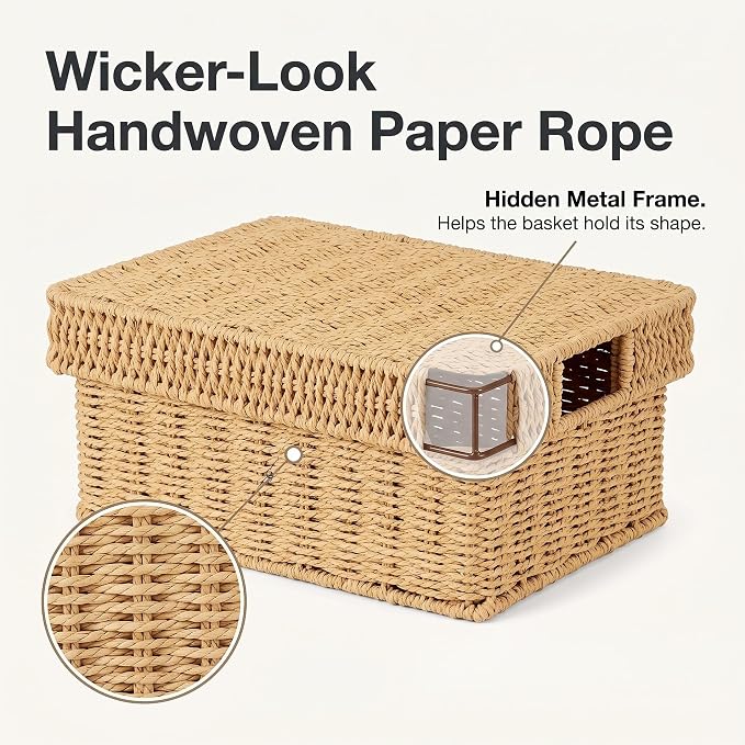 Wicker Storage Baskets with Lids for Shelves, 2-Basket Set, Natural | Two rectangular wicker baskets with removable lids, large and medium, for decorative shelf storage; lids flip into trays.