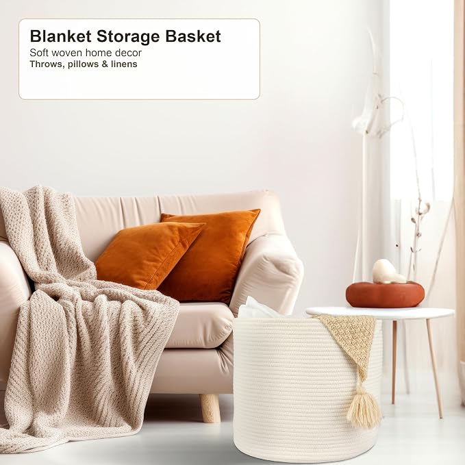 XUANGUO Cotton Rope Basket For Girls Boys Kids 16”X14” White | Baby Laundry Baskets, Blanket Basket, Nursery Bin; Round Woven Basket Organizer for Toy Storage, Blankets, Shoes and Clothes