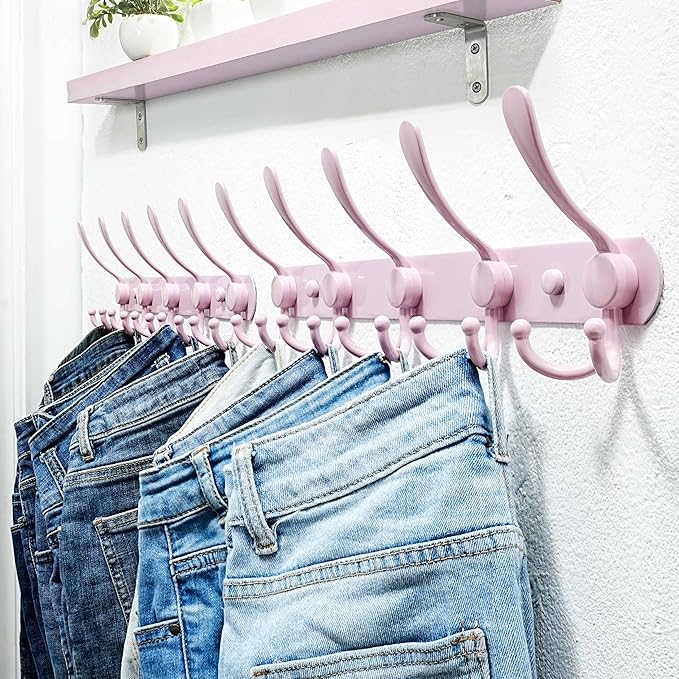 Dseap Coat Rack Wall Mounted - 5 Tri Hooks, Heavy Duty, Stainless Steel, Metal Coat Hook Rail for Coat Hat Towel Purse Robes Mudroom Bathroom Entryway (Pink, Pack of 2)