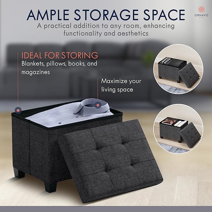 Ornavo Home Small Rectangle Storage Ottoman with Legs, 12x16x12, Black | Foot Rest Stool Seat; Holds Up to 600 lbs; Ideal for Living Room, Bedroom, Home Office or Dorm