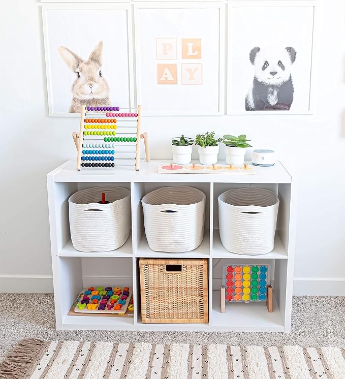 OrganiHaus Cotton Rope Baskets for Shelves, Set of 3, 15x9x10 | Handwoven; a toy bin and organizer for towels, books, or blankets; fits nursery, playroom, or bedroom decor
