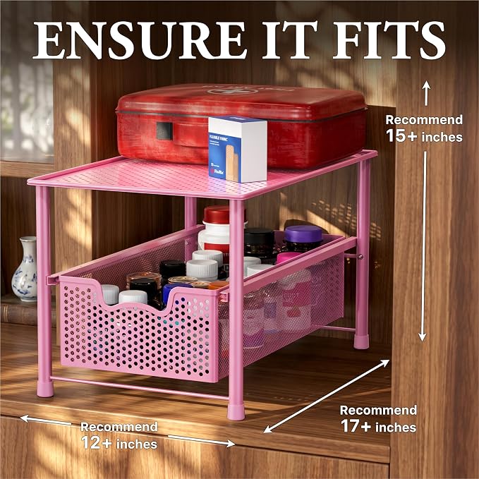 Simple Houseware Stackable Under Sink Sliding Basket Drawer, Pink | Perforated Free Standing Organizer, Kitchen/Pantry/Cabinet/Counter