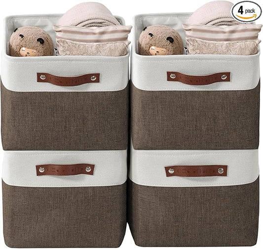 DECOMOMO Storage Bins, Large Fabric Storage Baskets for Shelves 4 Pack | 15 x 11 x 9.5 inches Decorative Linen Closet Organizers (Brown & White)