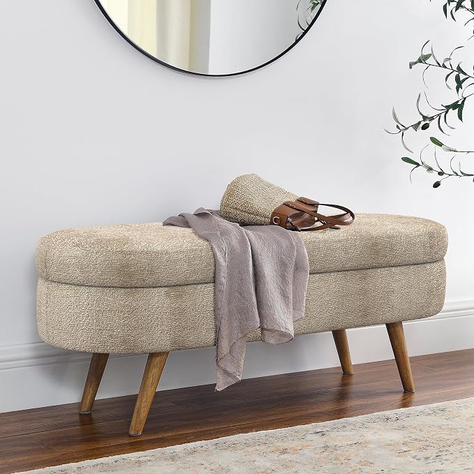 43.5" Ottoman with Storage, Storage Ottoman Bench with Safety Hinge, Foam End of Bed Bench, Upholstered Entryway Bench for Bedroom, Living Room & Window, Holds up to 330 lb, Brown