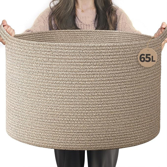 INDRESSME Large Woven Wicker Blanket Basket Living Room, 65L | 19.7" x 12.6" Storage baskets for laundry, toys & pillows. For living room, bedroom or nursery decor. soft-touch, gift basket