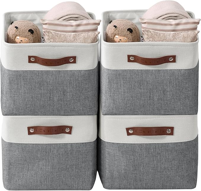 DECOMOMO Storage Bins, Large Fabric Storage Baskets for Shelves 4 Pack | 15 x 11 x 9.5 inches Decorative Linen Closet Organizers (Slate Grey & White)