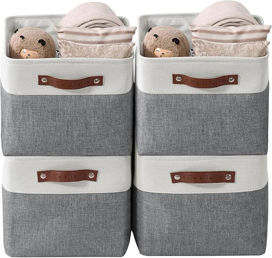 DECOMOMO Storage Bins, Large Fabric Storage Baskets for Shelves 4 Pack | 15 x 11 x 9.5 inches Decorative Linen Closet Organizers (Slate Grey & White)