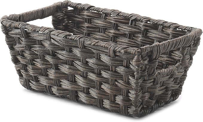 Whitmor Woven Storage Basket for Shelves, Small Plastic Wicker Organizer Bin with Handles, Metal Structure Decorative Shelf Tote for Closet, Bathroom, Pantry & Office Organization, Brown, Small