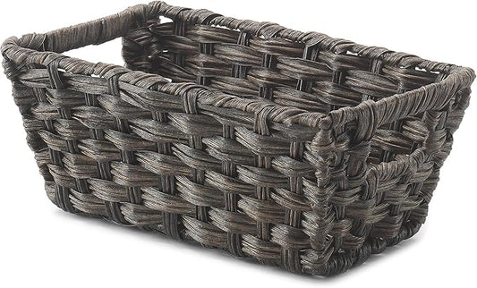 Whitmor Woven Storage Basket for Shelves, Small Plastic Wicker Organizer Bin with Handles, Metal Structure Decorative Shelf Tote for Closet, Bathroom, Pantry & Office Organization, Brown, Small