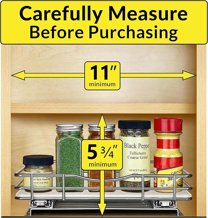 LYNK PROFESSIONAL® Pull Out Spice Organization for Cabinets - 10-3/8 inch Wide – Spice Rack for Inside Cabinets, Slide Out Spice Rack Organizer for cabinet – Pull Out Spice Rack, Sliding 1 Tier Chrome