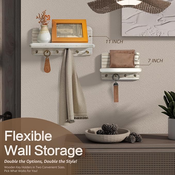 Rebee Vision Key Holder Wall Mount for Home Decor, Distressed White | Pine Wood Key Holder for Wall, 4 Key Hooks, Mini Display Ledge, Mail Organizer, Rustic Home Accent, Compact Apartment Storage
