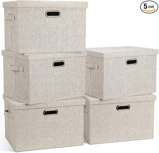 Storage Bins with Lids Fabric Closet Organizers Cubes Office Organization | 36 Quart 5 Pack Beige Collapsible Stackable Linen Fabric 4 Handles Bedroom Closet Cabinet Under Bed Clothes Toy Office File