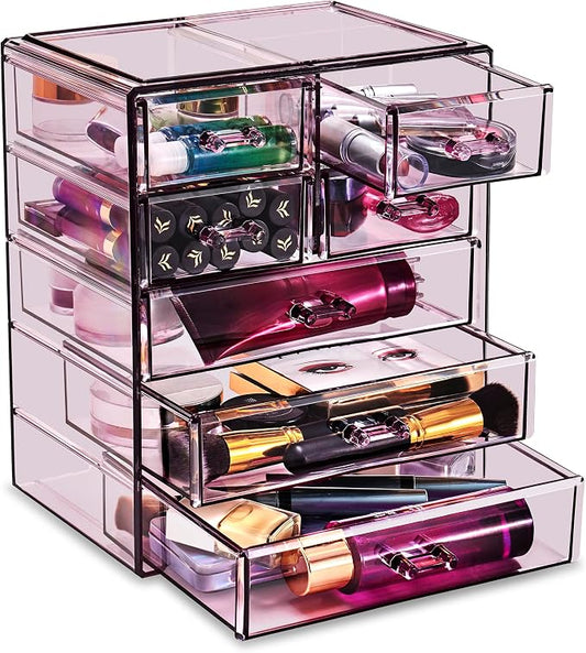 Sorbus Acrylic Makeup Organizer Set, 7-Drawer Vanity & Countertop Cosmetic Storage with Small & Wide Drawers, Purple Makeup Storage for Brushes, Lipsticks, Jewelry – Holiday Gift for Women & Teens