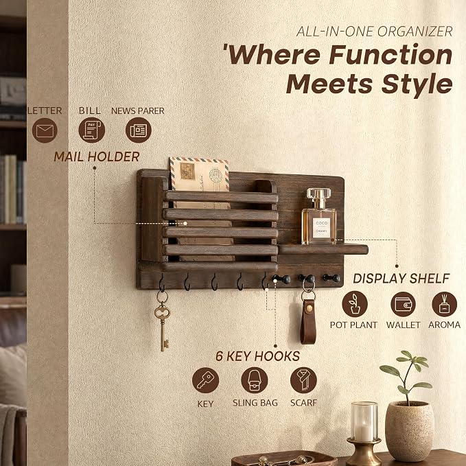 Rebee Vision Key Holder Wall Mount with Mail Slot for Home Decor, Brown | Pine Wood, Round Corner, 8 Key Hooks, Key Holder for Wall, Mail Organizer, Bill Storage, Home Aesthetic