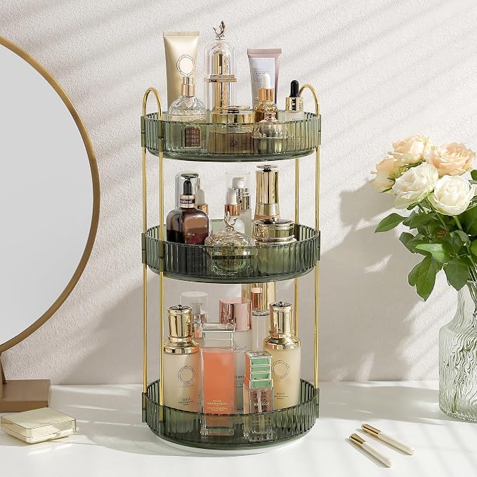 Aveniee Rotating Makeup Organizer for Vanity, Perfume Skin Care Organizers Large, Bathroom Counter Make Up Cosmetic Storage, Clear Spinning Skincare Lipstick Holder,3 Tiers, Green