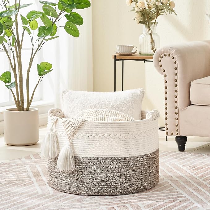 KAKAMAY Large Blanket Basket (20"x13"),Woven Baskets for storage Baby Laundry Hamper, Cotton Rope Blanket Basket for Living Room, Laundry, Nursery, Pillows, Baby Toy chest (White/Beige) | Extra Large Capacity | Natural Cotton Rope | Blanket Storage | W...