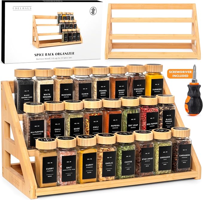 EDELHAUS 3 Tier Bamboo Spice Rack Organizer for Cabinet – Fits 24 Spice Jars, 17.5” Wide Countertop & Cabinet Organizer for Kitchen Organization, Seasoning Organizer Shelf (Jars Not Included)