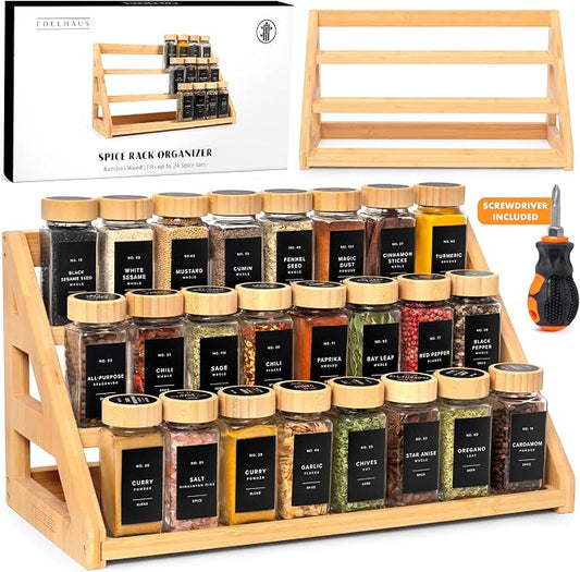 EDELHAUS 3 Tier Bamboo Spice Rack Organizer for Cabinet – Fits 24 Spice Jars, 17.5” Wide Countertop & Cabinet Organizer for Kitchen Organization, Seasoning Organizer Shelf (Jars Not Included)