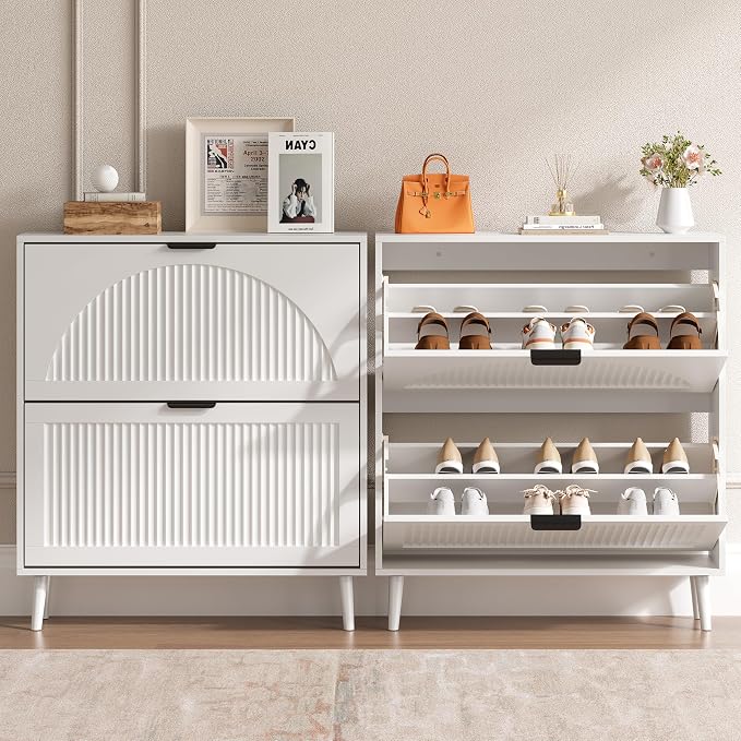 BORNOON Shoe Cabinet for Entryway with 2 Flip Drawers, Slim Wooden Shoe Storage Organizer with Modern Fluted Pannel，Freestanding Narrow Hidden Shoe Rack for Hallway, Foyer, Living Room