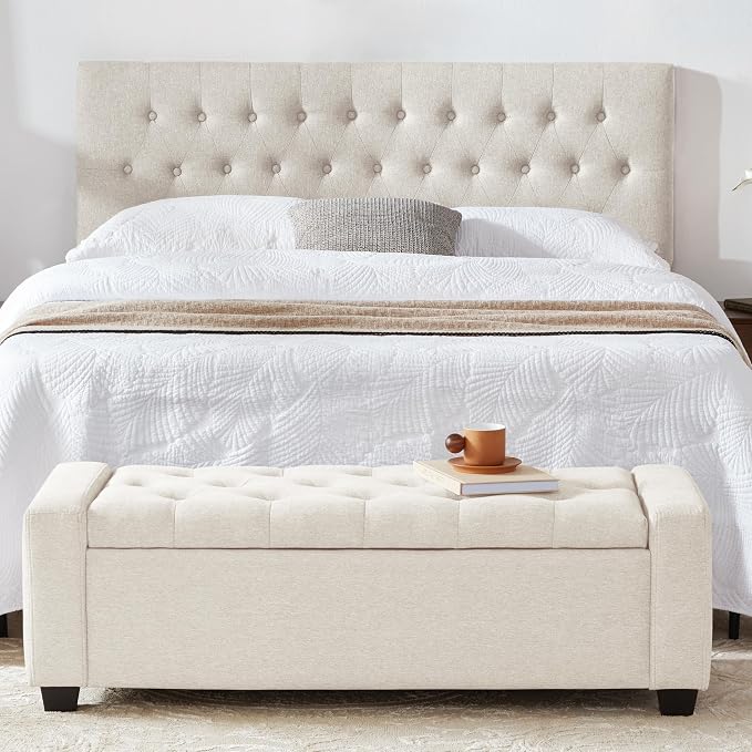 Huatean Home 48" Ottoman with Storage, Beige Storage Ottoman Bench | Upholstered Entryway Bench with Seating for Bedroom, Living Room, with Safety Hinge, Holds up to 330 lb