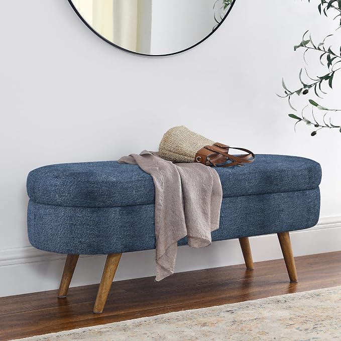 43.5" Ottoman with Storage, Storage Ottoman Bench with Safety Hinge, Foam End of Bed Bench, Upholstered Entryway Bench for Bedroom, Living Room & Window, Holds up to 330 lb, Dark Blue