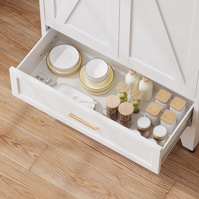 71“H Kitchen Pantry Cabinet with Drawers,Tall Kitchen Pantry Cabinets,Metal Food Storage Cabinets, White Pantry Cabinet with 4 Doors, Large Freestanding Cabinets for Dining Room, Living Room