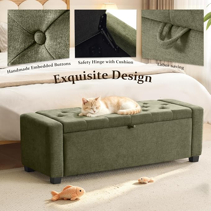 Royal Windsor 48" Ottoman with Storage,Tufted Storage Bench with Safety Hinge,Holds up to 350 lb,Upholstered Bench with Seating for Bedroom,Living Room,Entryway,Linen Green