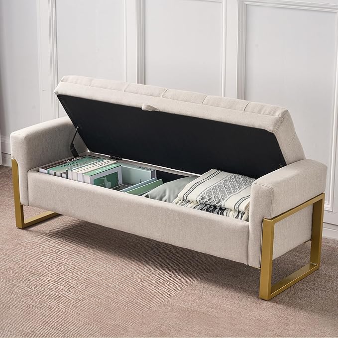 adochr 57" Storage Ottoman Bench, Upholstered End of Bed Bench, Beige | Metal Legs & Button-Tufted, Linen Ottoman with Storage 500 lb Capacity for Living Room, Bedroom, Entryway