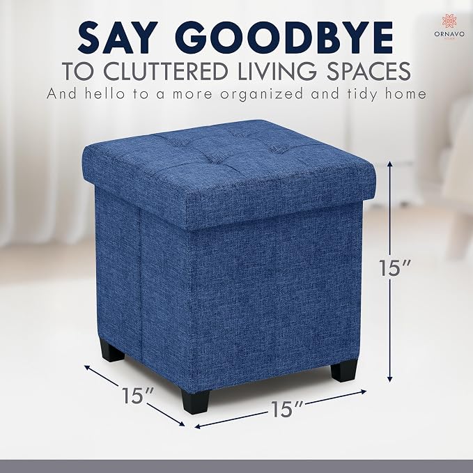 Ornavo Home Square Cube Storage Ottoman with Legs, 15x15x15, Navy Blue | Foot Rest Stool Seat; Holds Up to 600 lbs; Ideal for Living Room, Bedroom, Home Office or Dorm