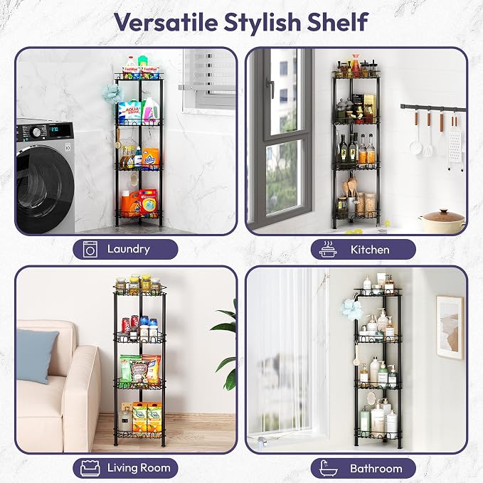 SWTYMIKI Standing Shower Caddy Corner - 4‑Tier Stainless Steel Shower Organizer Shelf with 16 Hooks and Adhesive Pads, Rustproof Corner Shelves Stand Rack for Bathroom Shower Room, Black