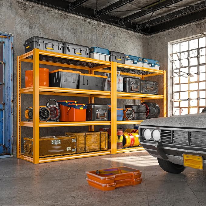 REIBII 40" W Yellow Garage Shelving with Double-Layer Frames for Homeowners | 2240Lbs, Adjustable, 10-Min Easy Assembly, Wire Mesh Panels, for Garage Basement Warehouse Commercial, 40"W×19.5"D×59.5"H, 4P