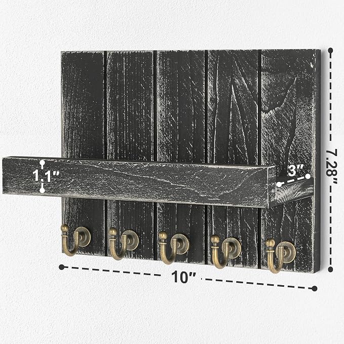 Rebee Vision Key Holder Wall Mount with Shelf for Living Room, Old Black | 3.54'' x 10'' x 7.28'', Farmhouse Key Holder for Wall, Solid Pine Wood, Sunglass Organizer, Entryway Storage, Compact Design