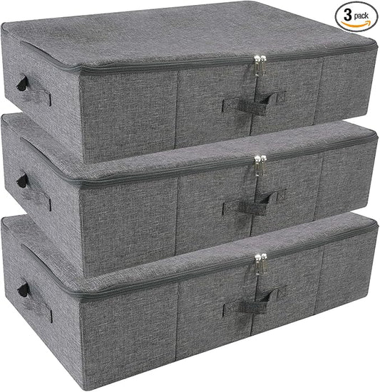 iwill CREATE PRO Folding Washable Rigid Underbed Storage Boxes with Zip Lid for Garment, Clothing, Blankets for Bedroom, College Dormroom, Wardrobe, Shelf Baskets, Pack of 3, Black Gray