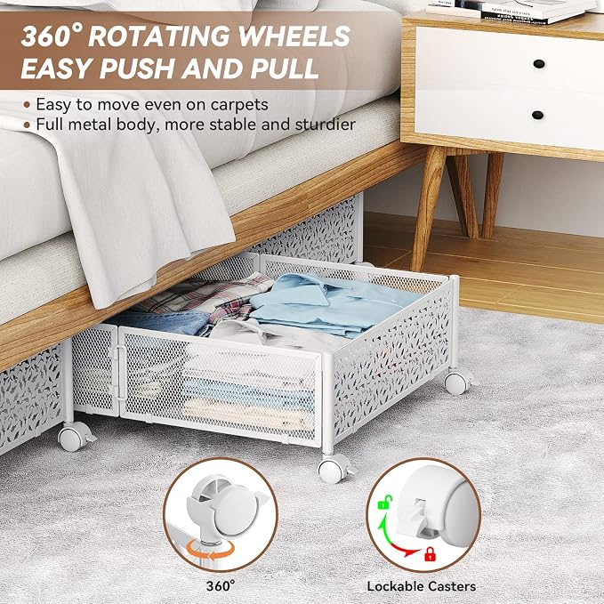 PHINOX Under Bed Storage Container with Wheels,Patterned,Metal,2 Pack,White | Tool-free assembly, glide smoothly, easy reach, foldable, maxmazie low-profile beds, dorm, keep seasonal clothes, shoes fresh