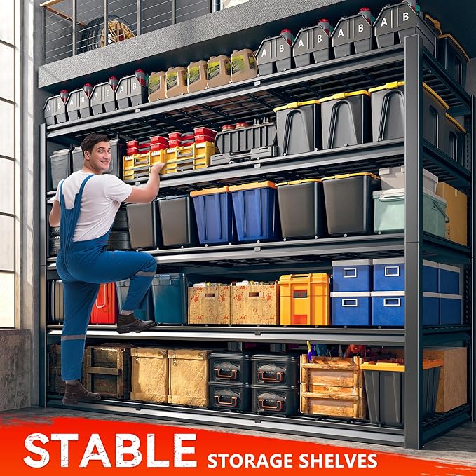 REIBII 60"W Heavy Duty Garage Shelving,3000LBS Storage Shelves For Basement | 5 -Tier Metal Shelving,Adjustable Rack,Reinforced Steal bars,for Industrial Shop Commercial Warehouse,60 W x 24" D x 72" H