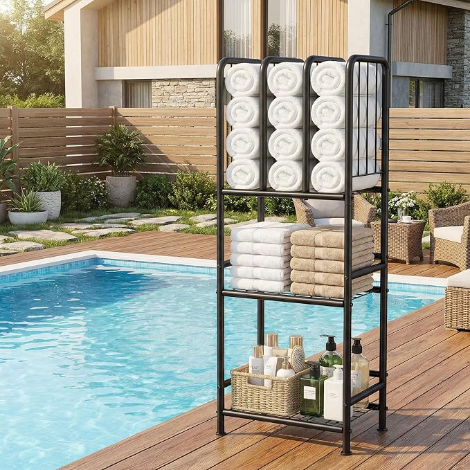 3 Tier Towel Racks for Bathroom with Dividers, Free Standing Metal Towels Holder Stand with Shelf, Towel Storage Organizer Bathroom Shelf, Metal Shelving Unit, Pool Towel Rack, Black