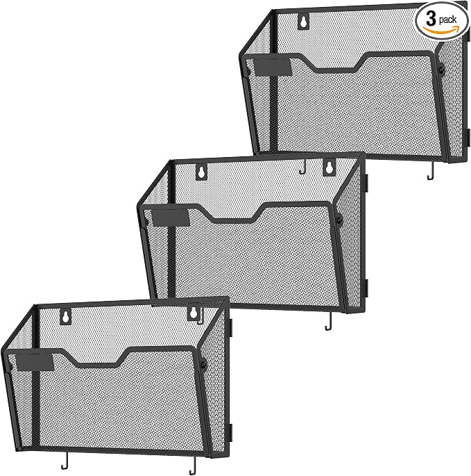 Docnest 3 Pack Mesh Wall File Holders with Hooks for Mail, Black | Space-saving vertical design with utility hooks. Ideal paper document organizer for office, home, and school