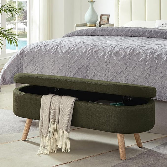 42.25" Ottoman with Storage, Storage Ottoman Bench with Safety Hinge, Boucle End of Bed Bench, Upholstered Entryway Bench for Bedroom, Living Room & Window, Holds up to 330 lb, Dark Green