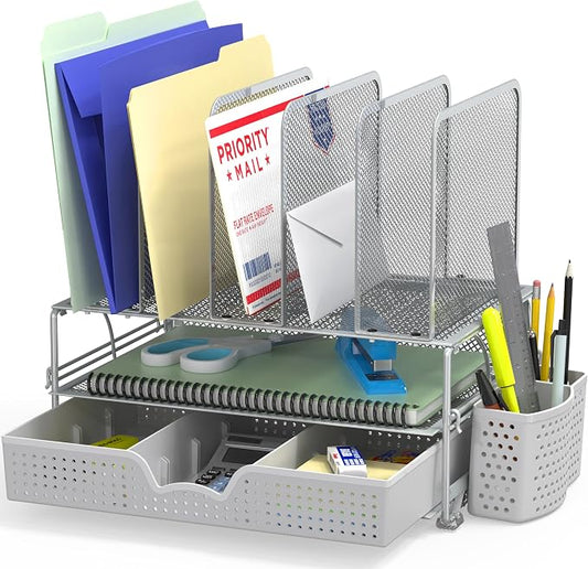 Simple Houseware Desk File Organizer for Office Supplies w/Drawer, Silver | Double Tray, Pencil Holder, and 5 Upright Sections with Sliding Drawer