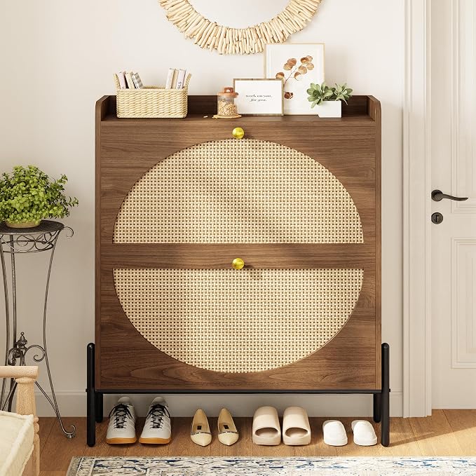 IRONCK Shoe Cabinet Storage with 2 Flip Drawers, Free Standing Wooden Shoe Storage Organizer Cabinet with Rattan Doors for Entryway, Narrow Shoe Rack Cabinet, Walnut