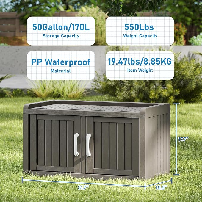 Shoe Storage Cabinet Waterproof UV-Resistant, Entryway Storage Bench Indoor Outdoor with 2 Barn Doors, Adjustable Shelves for Entryway, Bedroom, Hallway,Living Room(Grey)
