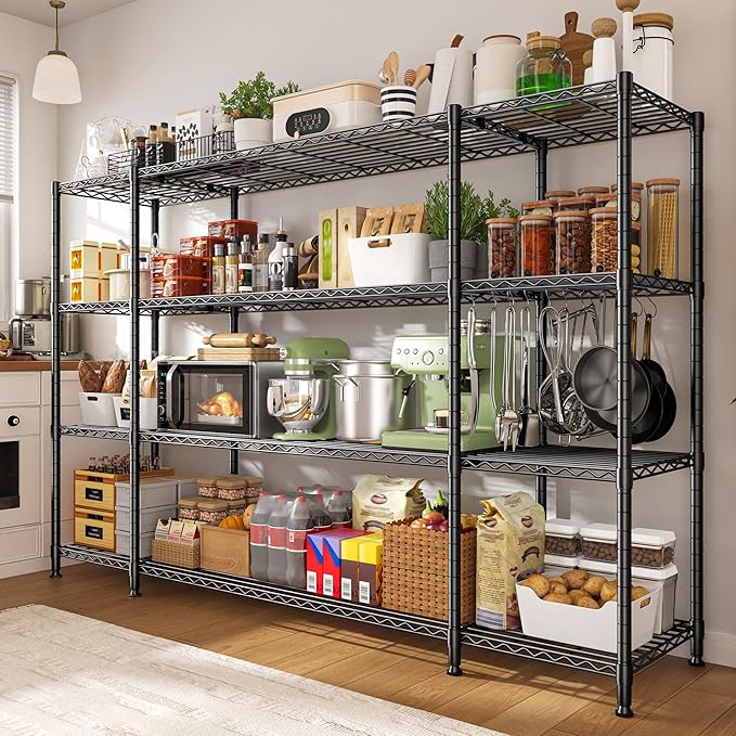 REIBII 78.4''W Storage Shelves, 1500LBS Heavy Duty&Space Saving for Garage | 4 Tier Adjustable Wire Shelving, Powder Coated, Tool-Free Metal Shelving, Scratch Resistant, Rust-resistant, three regular