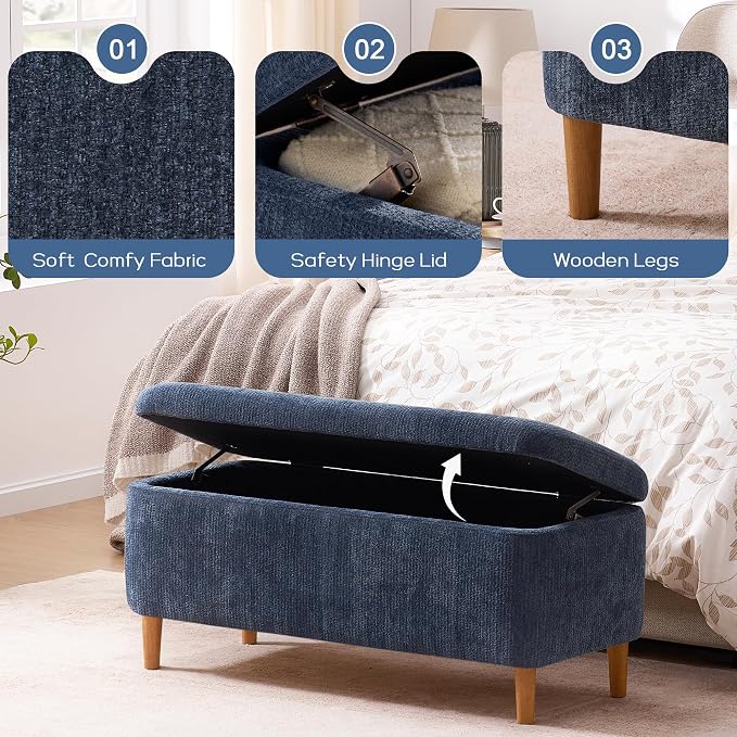 39.4" Ottoman with Storage Upholstered Storage Bench for Living Room | Modern Fabric End of Bed Bench Footstool with Wooden Legs Ottoman Bench for Window Hallway Entryway Bedroom Blue