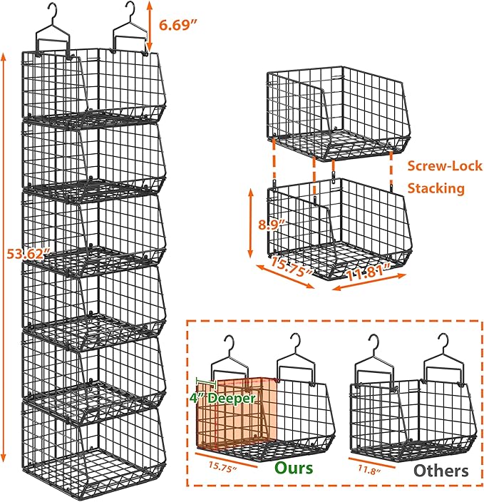 6-Tier Extended Depth Hanging Closet Organizers and Storage for Closet Organization, Stackable Hanging Shelves with Hooks for Clothes Sweaters Towels Purses, Fits Closet Shelves & Wire Metal Shelving