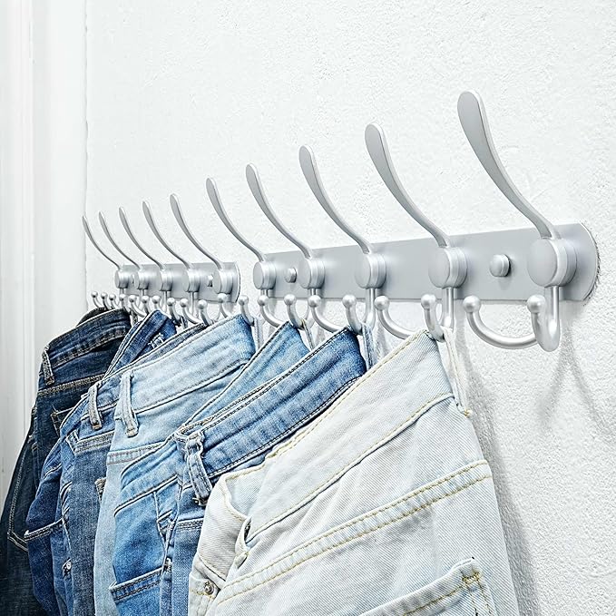 Dseap Coat Rack Wall Mounted - 5 Tri Hooks, Heavy Duty, Stainless Steel, Metal Coat Hook Rail for Coat Hat Towel Purse Robes Mudroom Bathroom Entryway, Silver
