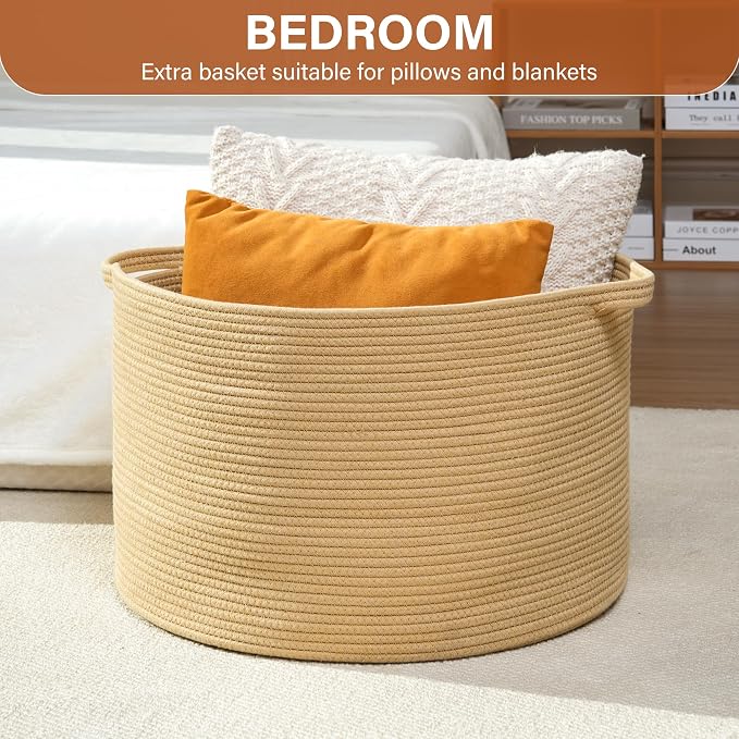 Foldable Laundry Hamper Basket with Collapsible Handle Cotton Rope Soft Woven Fabric Storage Organizer Clothes Toys Nursery Bedroom Dorm Space Saving Bin (Camel, 65L(19.7"D x 12.6"H))