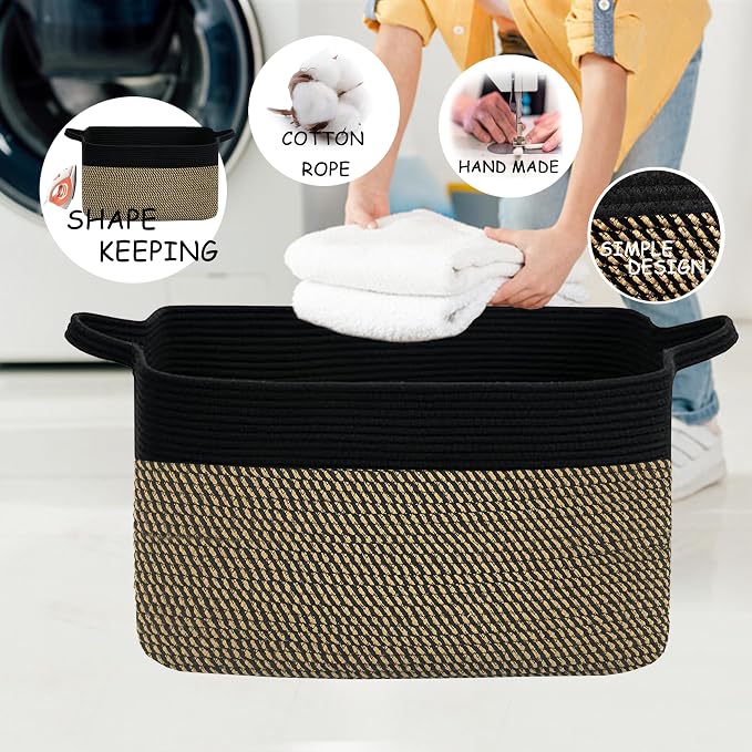 COMFY-HOMI Large Rectangular Blanket, Cotton Rope Woven for Storage, LaundryHamper, Storage,Toy Organizing Bin with Handle, Organizer and Storage-22x15x12-
