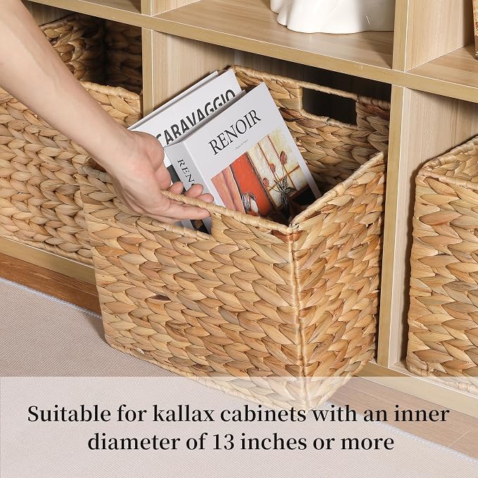 12x12x10in Water Hyacinth Storage Basket Large, Folding Cube Woven Wicker Storage Basket for Shelves, Pantry Baskets Organization and Storage, Kitchen Storage Baskets, Large Rattan Basket Set of 3